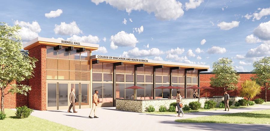 A rendering of the exterior of a renovated Burnell Hall.