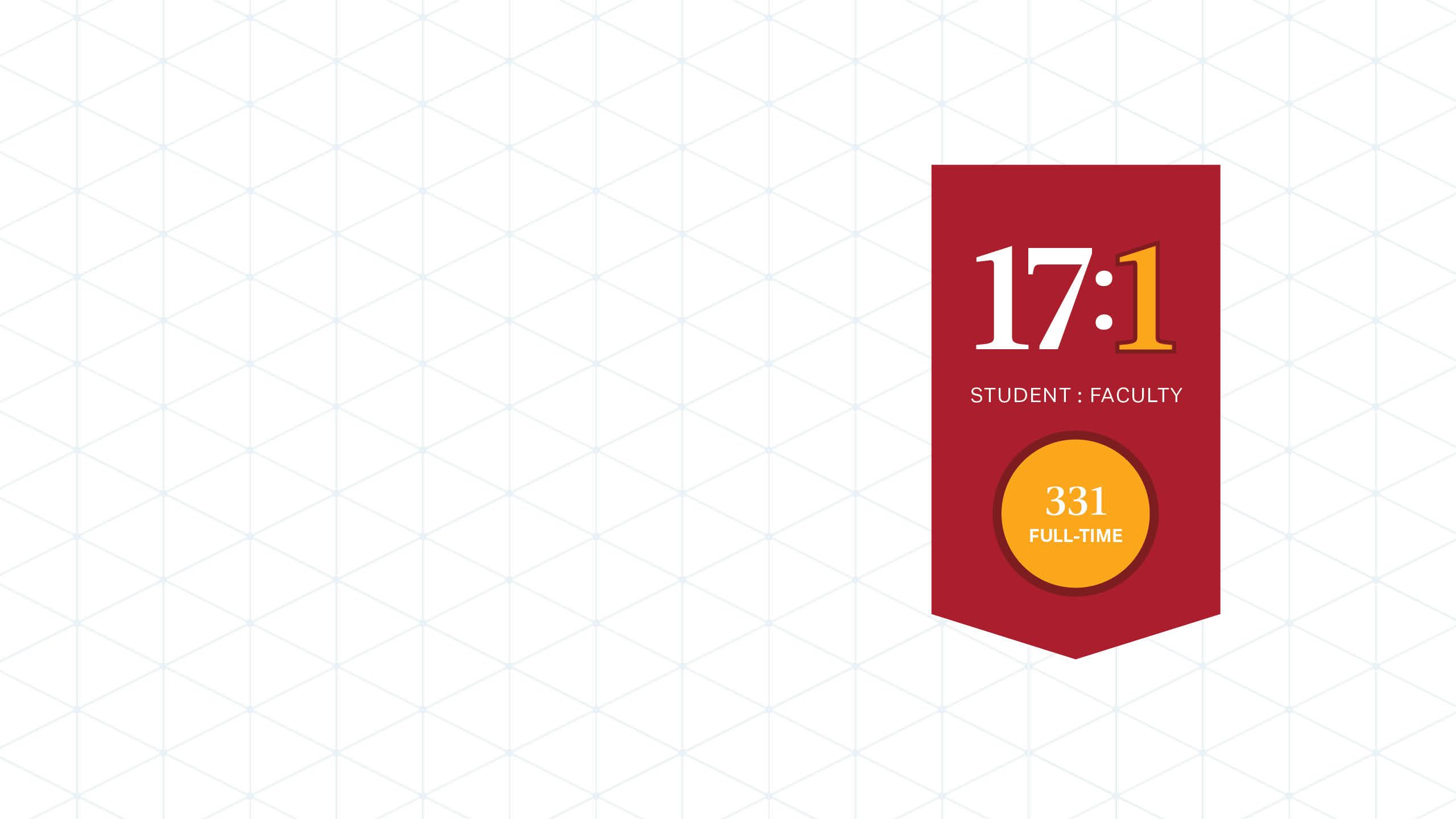 A graphic about faculty statistics with a red background and white and yellow text that says “17 to 1 student to faculty ratio” and “331 full-time.”
