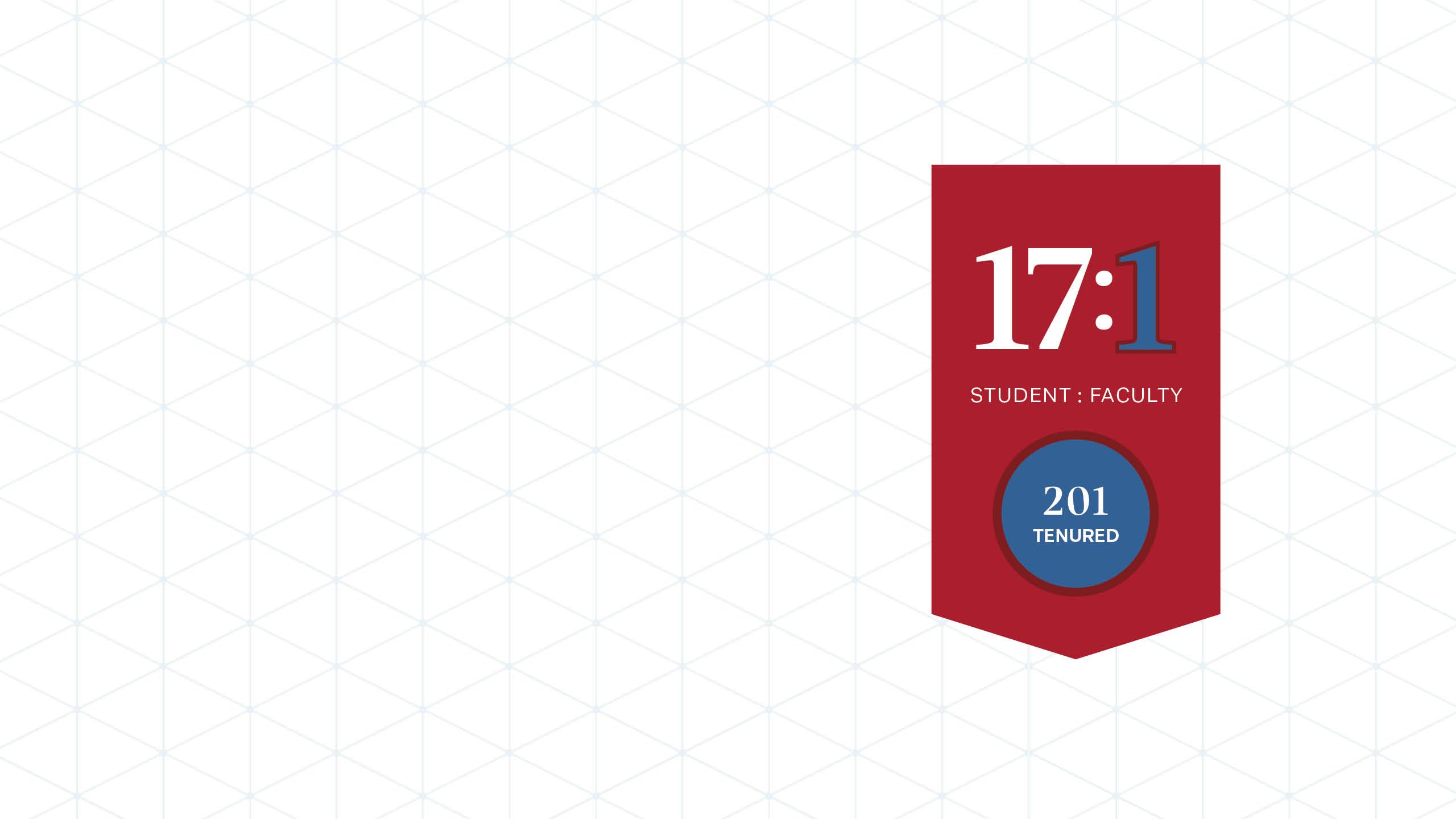 A graphic about faculty statistics with a red background and white and blue text that says “17 to 1 student to faculty ratio” and “201 tenured.”
