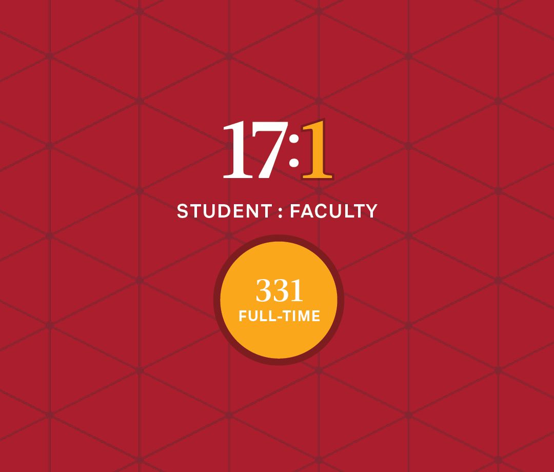 A graphic about faculty statistics with a red background and white and yellow text that says “17 to 1 student to faculty ratio” and “331 full-time.”