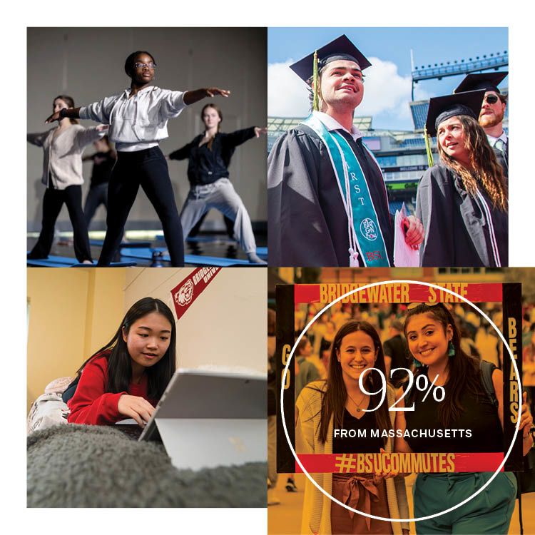 Collage of four images: students doing yoga, two students in caps and gowns, a student using a computer on her dorm room bed and two students holding a BSU commutes sign. The following text appears gradually on top of each respective image: “28 percent students of color,” “47 percent first generation to attend college,” “32 percent on-campus residents,” and “92 percent from Massachusetts.” 