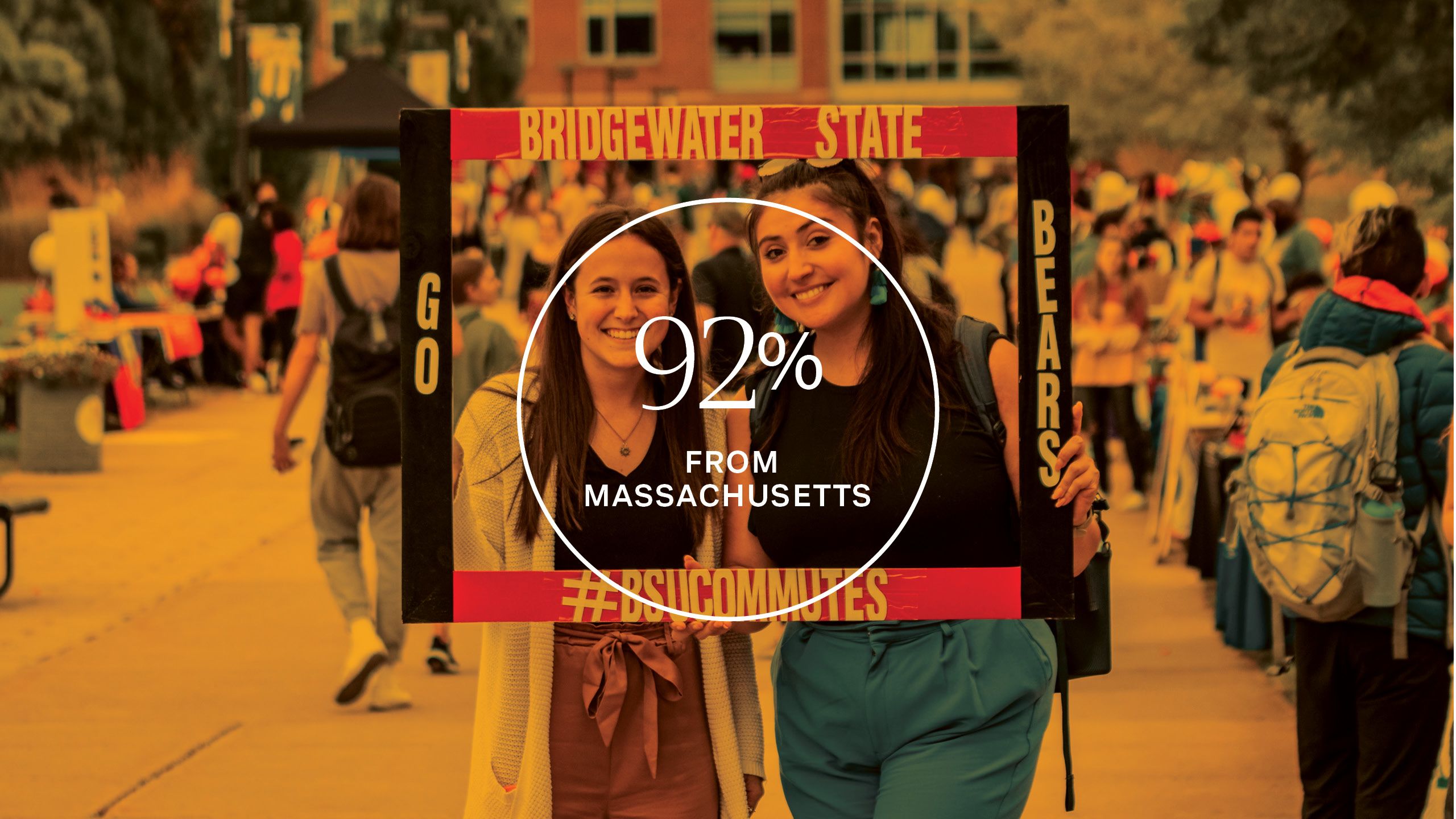 Graphic with a picture of two students holding a BSU Commutes sign behind the text “92 percent from Massachusetts.”