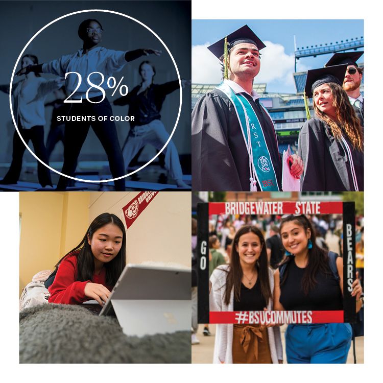 Collage of four images: students doing yoga, two students in caps and gowns, a student using a computer on her dorm room bed and two students holding a BSU commutes sign. The following text appears gradually on top of each respective image: “28 percent students of color,” “47 percent first generation to attend college,” “32 percent on-campus residents,” and “92 percent from Massachusetts.” 